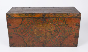 A Chinese lift-top timber trunk with hand-painted floral cloth covered front, early to mid 20th century, 45cm high, 85cm wide, 35cm deep