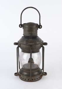An antique tin, brass and iron ship's lantern, circa 1900, by J. P. MARRIAN & CO. Naval Brass Founders & Lamp Makers, Birmingham, 29cm high