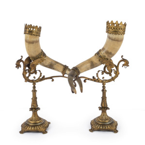 A pair of antique French table ornaments, horn on well cast ormolu stands, late 19th century, 52cm high