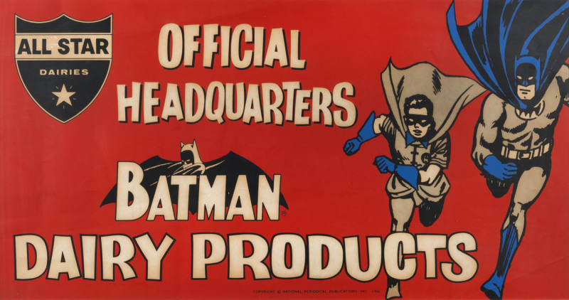 BATMAN & ROBIN: Original All Star Dairies store poster, 1966, produced by National Periodical Publications to promote one of the earliest sponsors of the Batman TV Series, 58 x 108cm; framed and glazed to conservation standard.