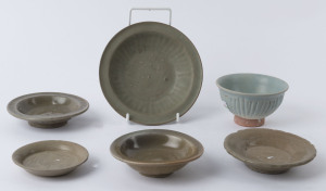 Six assorted antique Chinese celadon bowls and dishes, the largest 16.5cm diameter