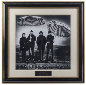 THE BEATLES: display featuring large colour image of "The Fab Four" preparing to perform for their Ed Sullivan Show debut in 1964, facsimile signatures on name plates beneath; framed and glazed overall 69x69cm; also c.1964 Robert Whitaker black & white im