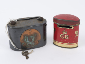 "NEW ZEALAND POST OFFICE SAVINGS BANK" metal moneybox; together with a King George VI tinplate moneybox with "OXO CUBES" advertising on the base, early to mid 20th century, (2 items), the larger 9cm high, 10cm wide