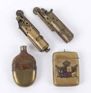 Two WW1 period vestas and two brass cigarette lighters, early 20th century, (4 items), ​the lighters 8cm high