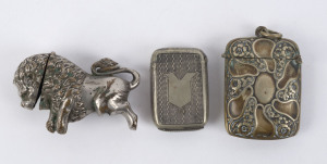Three assorted antique silver plated vestas including rampant lion example, late 19th, early 20th century, ​the lion 6.5cm high