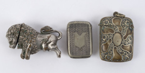 Three assorted antique silver plated vestas including rampant lion example, late 19th, early 20th century, the lion 6.5cm high