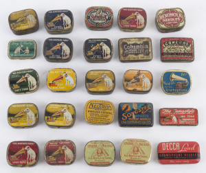 Twenty five assorted gramophone needle and cats whisker tins, early to mid 20th century