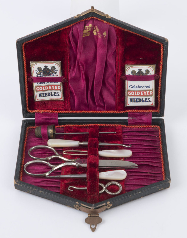 An antique sewing kit in original plush fitted leather case, 19th century, ​the case 15cm wide