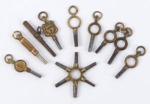 Group of 10 antique pocket watch keys, 19th and early 20th century, ​the largest 4cm long