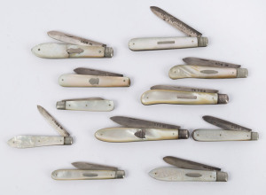 Group of 11 antique pen knives, sterling silver and mother of pearl, 19th and early 20th century, the largest14.5cm long when open