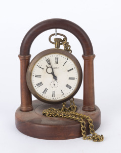 SMITHS oversized antique pocket watch clock on turned timber stand with brass chain, late 19th century, ​17cm high overall
