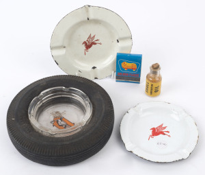 GARAGANALIA including SHELL miniature glass oil bottle, GOLDEN FLEECE matchbook, two PEGASUS enamel ashtrays and a DUNLOP TYRES ashtray, 20th century, (5 items), the bottle 5cm high