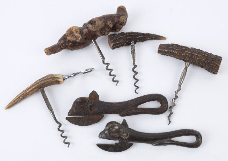 Two antique can openers together with four assorted cork screws, 19th and 20th century, (6 items), ​the largest 16cm high