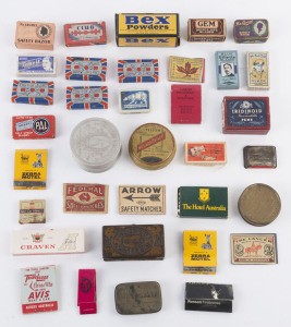 Collection of advertising tins, packets and match box labels etc, including razor blades with contents, 19th and 20th century, (34 items),