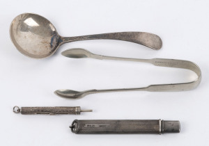 Antique sterling silver pocket pencil and toothpick, together with a silver plated caddy spoon and tongs, 19th and early 20th century, (4 items), the tongs 11cm long