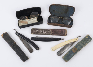 Three antique cuttthroat straight razors in original boxes, together with two pairs of antique spectacles in original pocket cases, 19th century, (5 items)