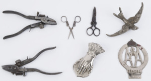 Car badge, car mascot, hand clip, two pairs of antique scissors and two antique hand tools, 19th and 20th century, (7 items), ​the largest 18cm long