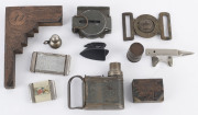 Military belt buckle, pocket compass, vestas, miniature anvil ornament, printing blocks etc, 19th and 20th century, (11 items), the largest 15cm high