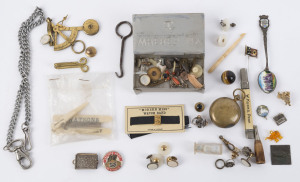Studs, jewellery, ornaments, enamel tea spoon, pocket scales, advertising ware, etc, 19th and 20th century, (qty).