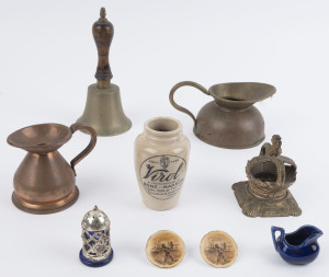 Copper and brass jugs, antique bell, "VIROL" antique ceramic pot, Royal crown ornament, Aboriginal porcelain plaques, condiment and miniature jug, 19th and 20th century, (9 items), ​the bell 19cm high