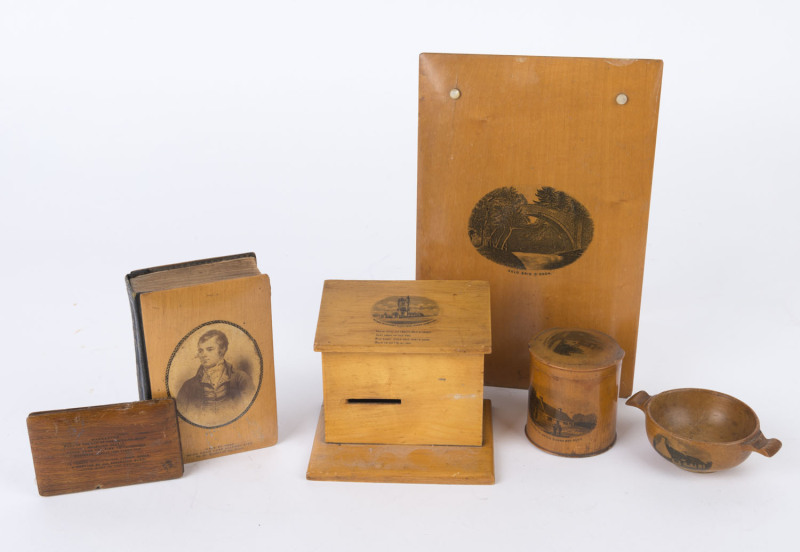 MAUCHLINE WARE moneybox, ROBERT BURNS poetry book, porringer, sewing pin book, jar and board, 19th and early 20th century, (6 items), the book 12.5cm high