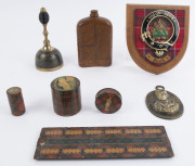 Tartan ware, Robert Burns brass plaque, antique brass and ebony bell, treen hipflask ornament, 19th and early 20th century, (8 items), the bell 18cm high