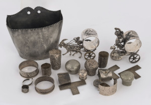 Sterling silver and silver plated items including napkin rings, letter tidy and walking stick parts etc, 19th and early 20th century, (qty), the letter tidy 13cm high