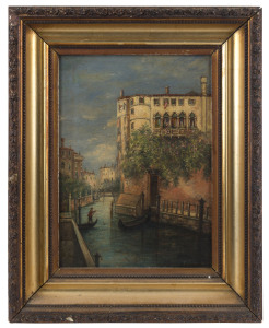 EUROPEAN SCHOOL Venetian Canal Scene, oil on canvas, circa 1890s, signed (indistinctly) lower right, 35.5 x 25.5cm. Also, Boats in Venice Lagoon, watercolour, 28 x 48cm.