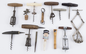 Thirteen assorted antique and vintage corkscrews, stoppers and ceramic gin pourer, 19th and 20th century, ​the largest 21cm high