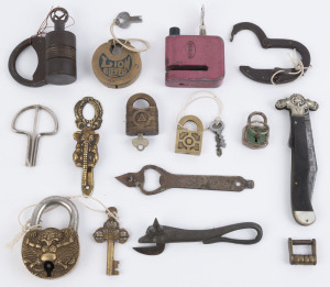 Assorted padlocks, pocketknife, Jew's harp, door knocker and can opener, 19th and 20th century, (13 items), the knife 18cm long