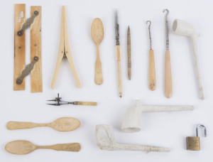 Antique ivory ruler, drawing tools, whalebone spoons, ivory glove stretcher, bodkins, boot hook and three clay pipes, 19th century, (13 items), the ruler 15cm long