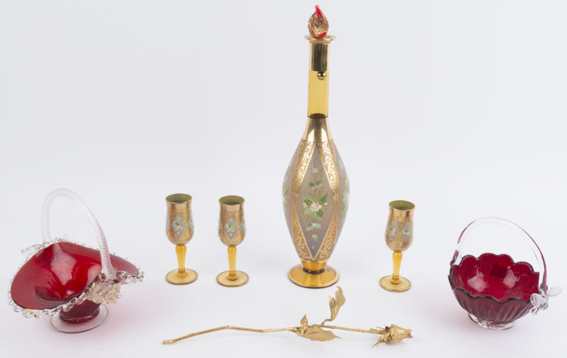 Italian Murano glass decanter, 3 glasses, 2 ruby glass baskets and a gilded rose, 20th century, (7 items), ​the largest 38cm high