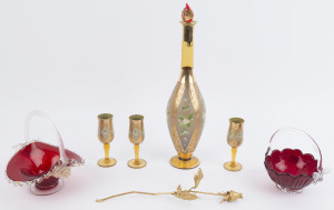 Italian Murano glass decanter, 3 glasses, 2 ruby glass baskets and a gilded rose, 20th century, (7 items), the largest 38cm high