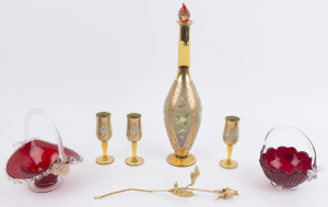 Italian Murano glass decanter, 3 glasses, 2 ruby glass baskets and a gilded rose, 20th century, (7 items), ​the largest 38cm high