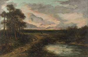 CARL BRENNIR (1850 - 1920), Landscape with sheep at sunset, oil on board, signed and dated 1906 lower right, 40 x 60cm.