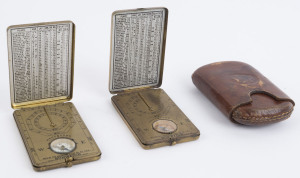 ANSONIA: Two rare brass cased pocket sundials with wax card compass and perpetual calendar printed to the case lid, early 20th century, one with leather carrying case. (2 items). The leather case 10cm long.