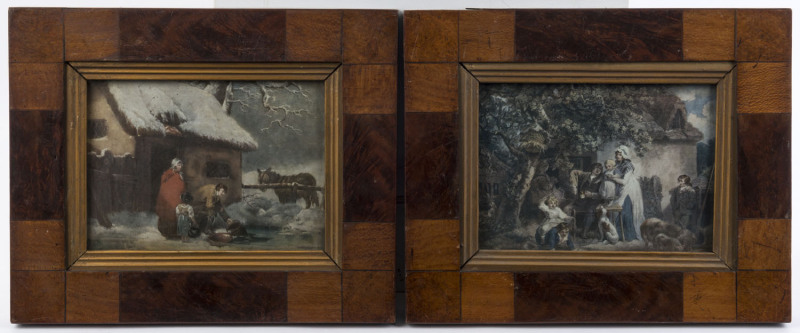 A pair of specimen wood picture frames, English mid 19th century, veneered with mahogany, figured oak and amboyna. Each with original gilt slip border, glass and period prints. (2 items) 26.5cm high, 32cm wide.