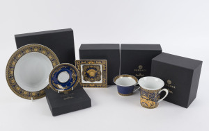 VERSACE Rosenthal "MEDUSA BLUE" German porcelain bowl, dish, saucer, mug and cup, all with original boxes, (5 items), stamped "Rosenthal, Versace, Medusa Blue", the bowl 22.5cm diameter