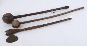Fighting axe and two knobkerries (one with wirework hand grip), Zulu tribe, South Africa, late 19th and early 20th century, the largest 69cm long
