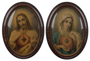 SACRE COEUR pair of vintage chromolithograph prints in oval frames with convex glass, early to mid 20th century, 60 x 42cm each overall