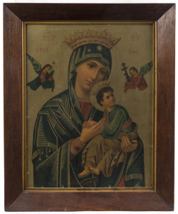 An Orthodox Christian Mary and Jesus chromolithograph print in a period oak frame, early 20th century, 51 x 41cm
