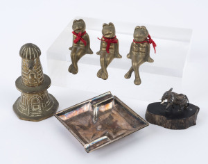 Silver elephant ornament, brass bell, three brass frog ornaments and a pair of silver plated dishes, 20th century, (6 items), ​the bell 9cm high