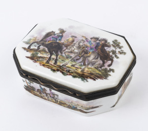 An antique German porcelain snuff box with metal mounts, mid to late 18th century, 9cm wide