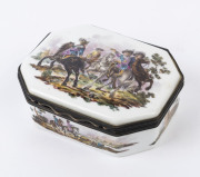 An antique German porcelain snuff box with metal mounts, mid to late 18th century, ​9cm wide