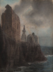 S. JOHNSTON, (Ruined castle on a cliff), mixed media, signed and dated "1890" lower right,