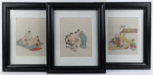 Set of three antique Chinese erotic watercolours, 19th century, ​24 x 19cm each
