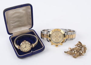 UNICORN gold cased lady's watch, a ROLEX copy wristwatch, and a silver gilt leaf brooch set with costume pearls, (3 items).