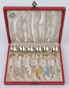 A boxed set of six Danish silver and enamel teaspoons, mid 20th century, stamped "FRIGAST, STERLING, DENMARK", 