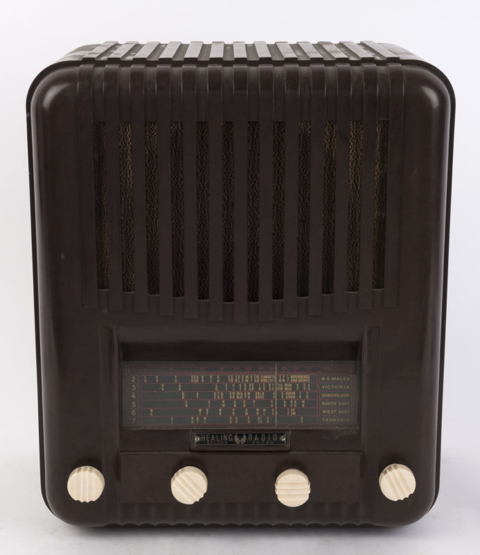 HEALING "GOLDEN VOICE" brown bakelite radio with cream knobs, ​37cm high