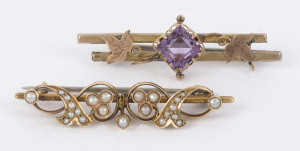 An antique 15ct gold and seed brooch; together with a 9ct gold and amethyst brooch, 4.5cm and 5cm wide, 6.5 grams total